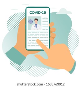 Vektorillustration Illustration 2019-nCoV Human auf der Suche nach Informationen über Coronavirus COVID-19 auf einem modernen Gerät. Pandemie-Risiko-Design für Website, Druck