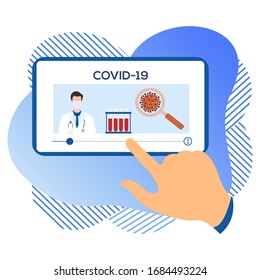 Vector ilustración 2019-nCoV Humano buscando información sobre el coronavirus COVID-19 en un dispositivo moderno. Pathogen respiratorio Coronavirus chino riesgo pandémico SARS Diseño para sitio web, impresión