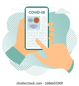 Vector illustration 2019-nCoV Human looking for information about coronavirus COVID-19 on a modern device. Pathogen respiratory Chinese coronavirus SARS pandemic risk Design for website, print
