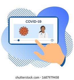 Vector illustration 2019-nCoV Human looking for information about coronavirus COVID-19 on a modern device. Pathogen respiratory Chinese coronavirus SARS pandemic risk Design for website, print