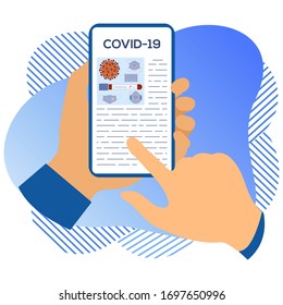 Vector illustration 2019-nCoV Human looking for information about coronavirus COVID-19 on a modern device. Pathogen respiratory  coronavirus SARS pandemic risk Design for website, print