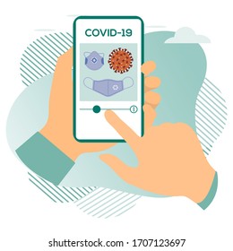 Vector ilustración 2019-nCoV Humano buscando información sobre el coronavirus COVID-19 en un dispositivo moderno. Pathogen coronavirus respiratorio Riesgo pandémico del SARS Diseño para sitios web, impresión