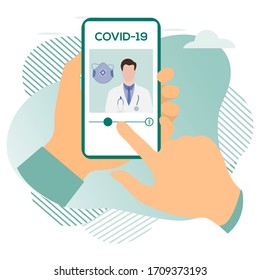 Vector ilustración 2019-nCoV Humano buscando información sobre el coronavirus COVID-19 en un dispositivo moderno. Pathogen coronavirus respiratorio Riesgo pandémico del SARS Diseño para sitios web, impresión
