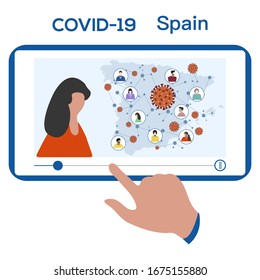 Vector illustration 2019-nCoV Spain People News agency View Video information about coronavirus COVID-19. Pathogen respiratory Chinese coronavirus SARS pandemic risk Health Design for website, print