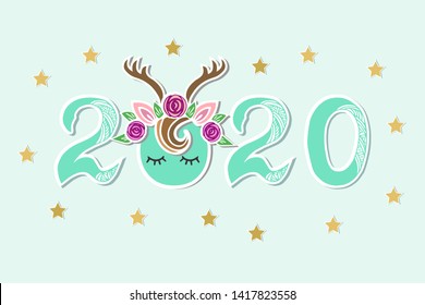 Vector Illustration 2020 with Deer Tiara and eyes as Happy New Year postcard, party invitation, postcard motive, Merry Christmas card.