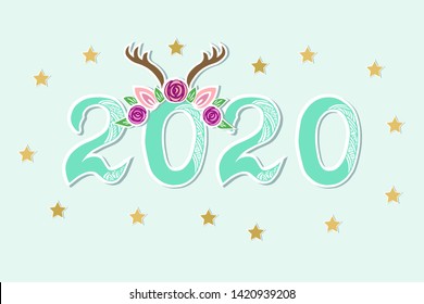 Vector Illustration 2020 with Deer Tiara as Happy New Year postcard, party invitation, postcard motive, Merry Christmas card.