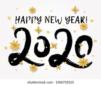 Vector illustration with 2020 hand written lettering with golden Christmas stars isolated on white background. Trendy Happy New Year greeting banner, poster or card design. 