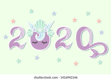 Vector illustration 2020 with Merimaid's Sea Shell Crown and tail as Happy New Year postcard, party invitation, postcard motive, Merry Christmas card.