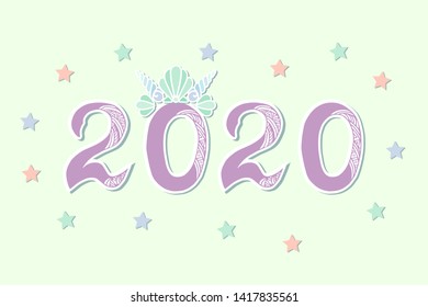 Vector illustration 2020 with Merimaid's Sea Shell Crown as Happy New Year postcard, party invitation, postcard motive, Merry Christmas card.