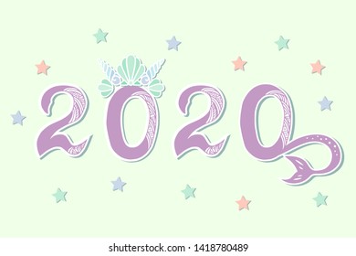 Vector illustration 2020 with Merimaid's Sea Shell Crown and tail as Happy New Year postcard, party invitation, postcard motive, Merry Christmas card.