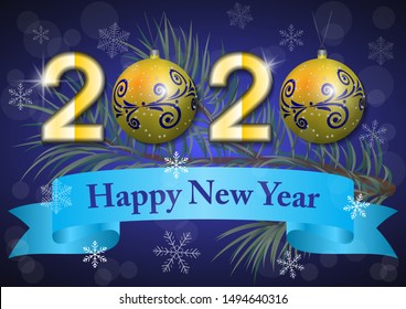 vector illustration of 2020 on a fabulous winter background with glitter snowflakes, pine and spruce branches and in place of numbers are Christmas balls