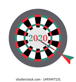 Vector illustration. 2020 target in the middle, dart hit the target. New year background. Design for web page, presentation, print.