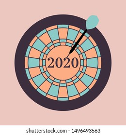 Vector illustration. 2020 target in the middle, dart hit the target. New year background. Design for web page, presentation, print.