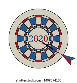 Vector illustration. 2020 target in the middle, dart hit the target. New year background. Design for web page, presentation, print.