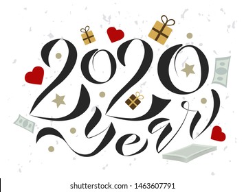 Vector illustration of 2020 text design pattern. Happy New Year and happy holidays with presents and love. Vector illustration. Isolated on white background.
