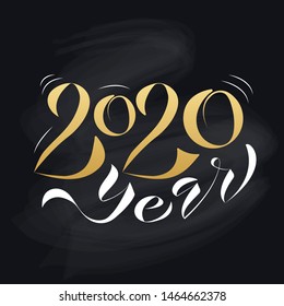 Vector illustration of 2020 text design pattern. Happy New Year and happy holidays with presents and love. Isolated on black background.