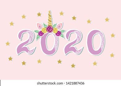 Vector Illustration with 2020 and Unicorn Tiara as Happy New Year postcard, party invitation, postcard motive, Merry Christmas card.