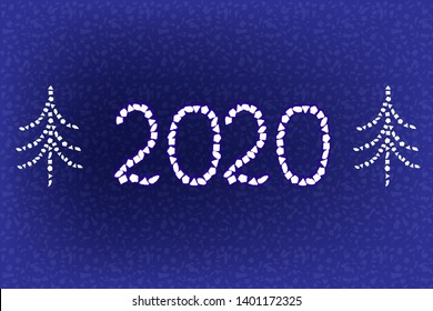 Vector illustration 2020 year in the style of terrazzo. Stylized card Christmas trees and numbers 2020 on a blue background. Christmas stone texture terrazzo. 