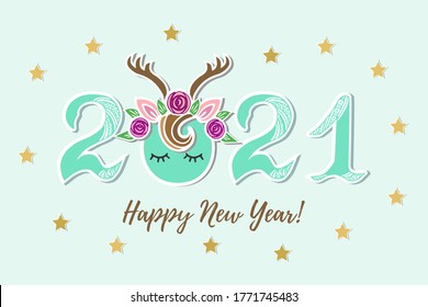 Vector Illustration 2021 with Deer Tiara and eyes as Happy New Year postcard, party invitation, postcard motive, Merry Christmas card.