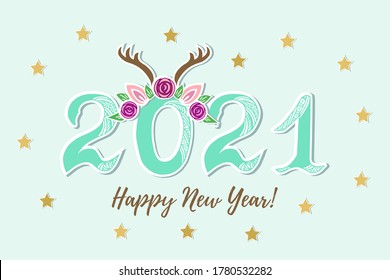 Vector Illustration 2021 with Deer Tiara as Happy New Year card, party invitation, postcard motive, Merry Christmas card, banner.