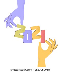 Vector Illustration 2021 with flat cartoon numbers and human hands with trendy grain textured shadow. HAPPY NEW YEAR and greeting merry christmas card, print poster, holiday background, invitation