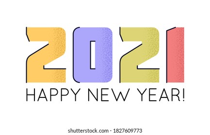 Ilustración vectorial 2021 con números planos de dibujos animados con sombra texturada de grano de moda. FELIZ AÑO NUEVO y tarjeta de navidad de bienvenida, afiche de tipografía impresa, antecedentes de vacaciones, invitación
