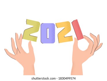 Vektorgrafik 2021 mit flachen Cartoonzahlen und menschlichen Händen mit trendigem, kornstrukturiertem Schatten. GLÜCKLICH NEUES JAHR und Gruß fröhliche Weihnachtskarte, Plakat, Urlaubshintergrund, Einladung