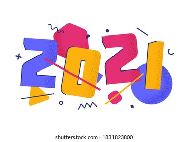 Ilustración vectorial 2021 con números planos de dibujos animados con sombra texturada de grano de moda. FELIZ AÑO NUEVO y tarjeta de navidad de bienvenida, afiche de tipografía impresa, antecedentes de vacaciones, invitación
