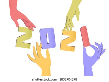 Vector Illustration 2021 with flat cartoon numbers and human hands with trendy grain textured shadow. HAPPY NEW YEAR and greeting merry christmas card, print poster, holiday background, invitation