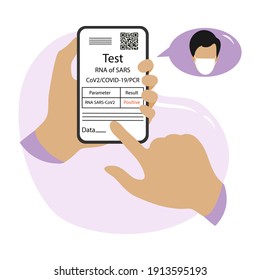 Vector illustration 2021 Hands holding cell phone Positive coronavirus test result New normal after COVID-19 pandemic Test for virus infection Immunity Health Passport QR code Medicine Design print