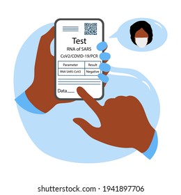 Ilustración vectorial 2021 Manos con teléfono celular Resultado negativo de la prueba de coronavirus Nuevo normal después de la pandemia COVID-19 Prueba de infección por virus Immunidad de Pasaporte de Salud Código QR Medicina Diseño