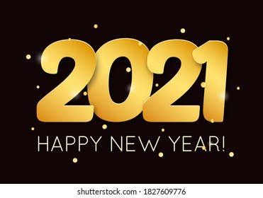 Vector Illustration 2021 HAPPY NEW YEAR with 3d realistic numbers and golden glitter confetti. Typography print poster, holiday background, seasonal flyer, invitation, greeting merry christmas card
