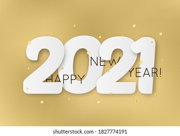 Vector Illustration 2021 HAPPY NEW YEAR with 3d realistic numbers and golden glitter confetti. Typography print poster, holiday background, seasonal flyer, invitation, greeting merry christmas card

