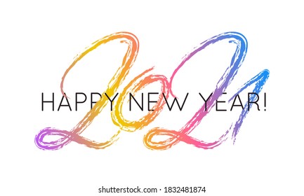 Vector Illustration 2021 HAPPY NEW YEAR hand drawn text lettering. Typography poster, banner, greeting card for print, template design for Merry Christmas and chinese Year of the Ox celebration