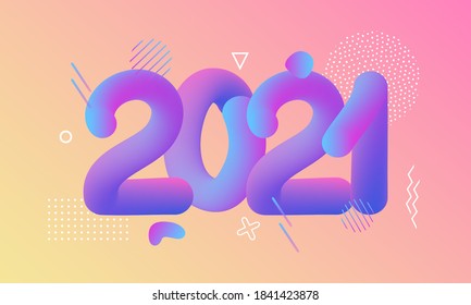 Vector Illustration 2021 HAPPY NEW YEAR hand drawn round geometric text lettering. Typography poster, banner, greeting card, print, template for Merry Christmas and chinese Year of the Ox celebration