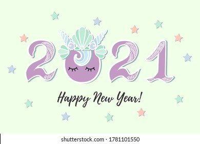 Vector illustration 2021 with Merimaid's Sea Shell Crown as Happy New Year greeting card, party invitation, postcard motive, Merry Christmas card, poster.