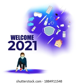 Vector illustration of 2021 New year with New normal lifestyle concept with Coronavirus protection equipment's, vaccine. 2021 start be ready.