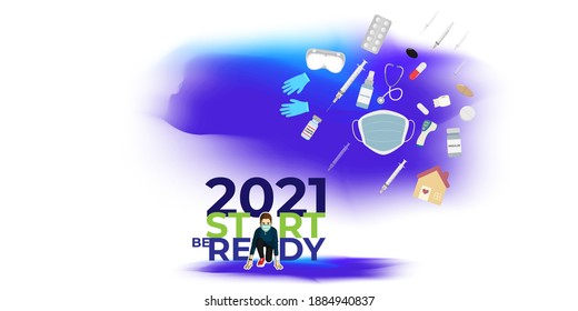 Vector illustration of 2021 New year with New normal lifestyle concept with Coronavirus protection equipment's, vaccine. 2021 start be ready.