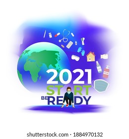 Vector illustration of 2021 New year with New normal lifestyle concept with Coronavirus protection equipment's, vaccine. 2021 start be ready.