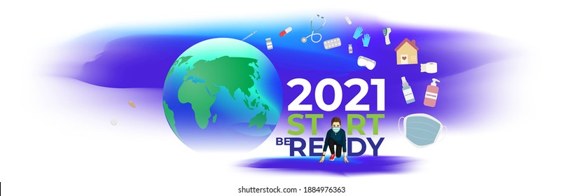 Ilustración vectorial de 2021 Año nuevo con el concepto de nuevo estilo de vida normal con la vacuna de los equipos de protección de Coronavirus. 2021 comience a estar listo.
