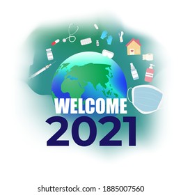 Vector illustration of 2021 New year with New normal lifestyle concept with Coronavirus protection equipment's, vaccine. 2021 start be ready.