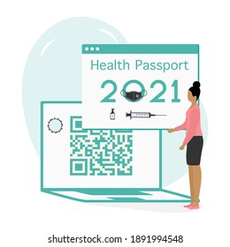 Vector illustration 2021 People Health Passport Syringe Mandatory Covid Test New normal after COVID-19 pandemic Test for coronavirus infection Immunity Passport QR code Medicine Design for web, print