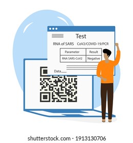 Vector illustration 2021 People Negative coronavirus test result on laptop New normal after COVID-19 pandemic Test for virus infection Immunity Health Passport QR code Medicine Design for web, print