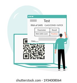 Vector illustration 2021 People Positive coronavirus test result on laptop New normal after COVID-19 pandemic Test for virus infection Immunity Health Passport QR code Medicine Design for web, print