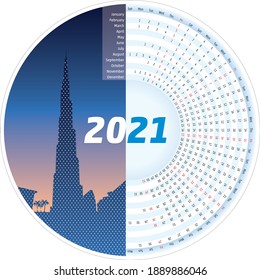 Ilustración vectorial del diseño del calendario redondo 2021 con la silueta de Dubai