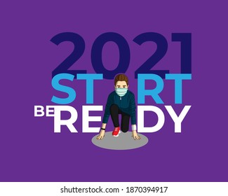 Vector illustration of 2021 start concept, finish 2020. Athlete runner preparing for running, new year 2021 is coming. Plans and goals of success.