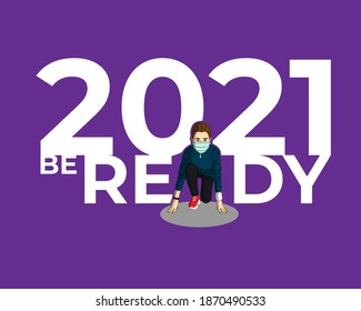 Vector illustration of 2021 start concept, finish 2020. Athlete runner preparing for running, new year 2021 is coming. Plans and goals of success.