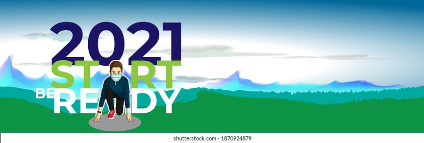 Vector illustration of 2021 start concept, finish 2020. Athlete runner preparing for running, new year 2021 is coming. Plans and goals of success.