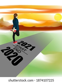 Vector illustration of 2021 start, end 2020 concept. Athlete runner stretching leg preparing for new year at golden sunset, 2021 is written on road. Plans and goals of success path.