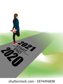 Vector illustration of 2021 start, end 2020 concept. Athlete runner stretching leg preparing for new year at golden sunset, 2021 is written on road. Plans and goals of success path.